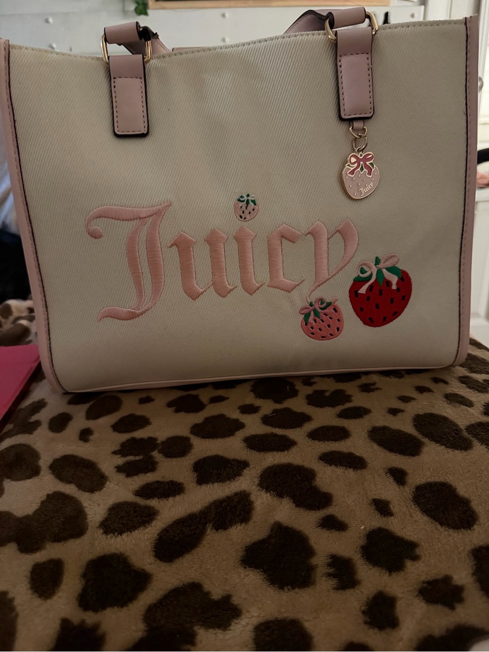 Juicy Couture Cream Tote with Pink Trim & Red Strawberry Accents new with tags